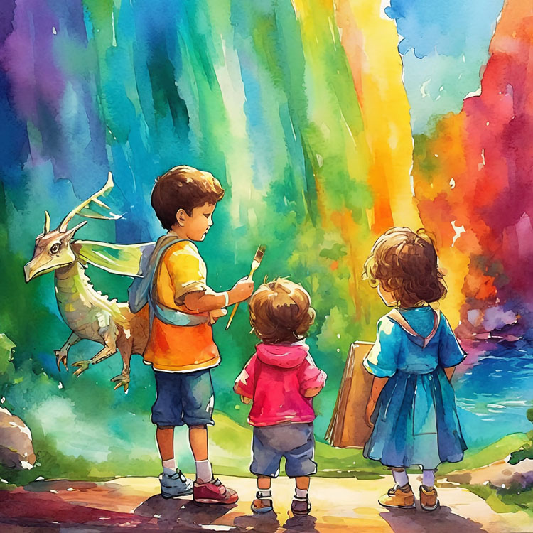 Pintura de tres niños y un dragón
